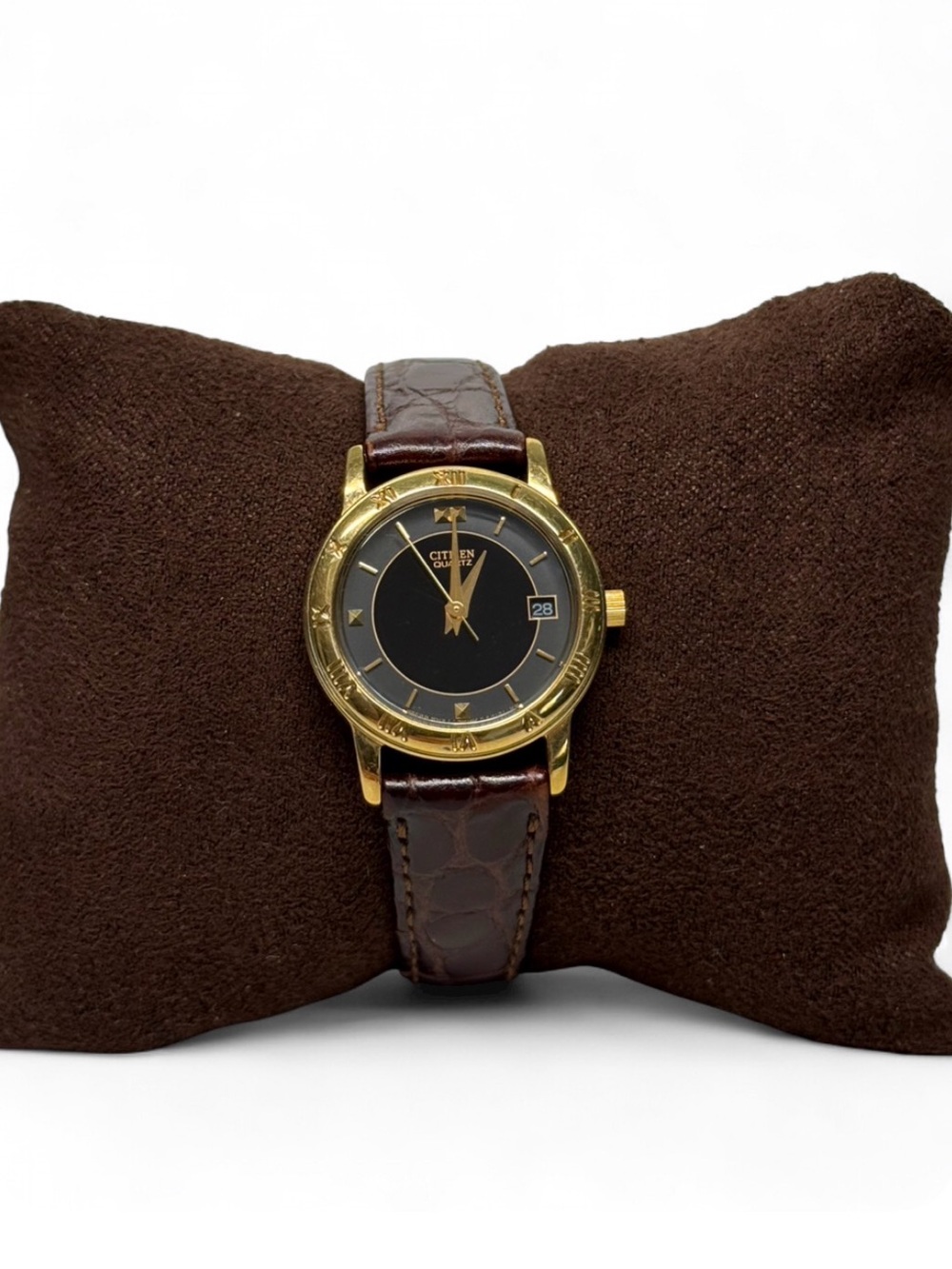 VTG Citizen Quartz Women’s Watch Gold Tone Black Date Dial Brown Leather Strap